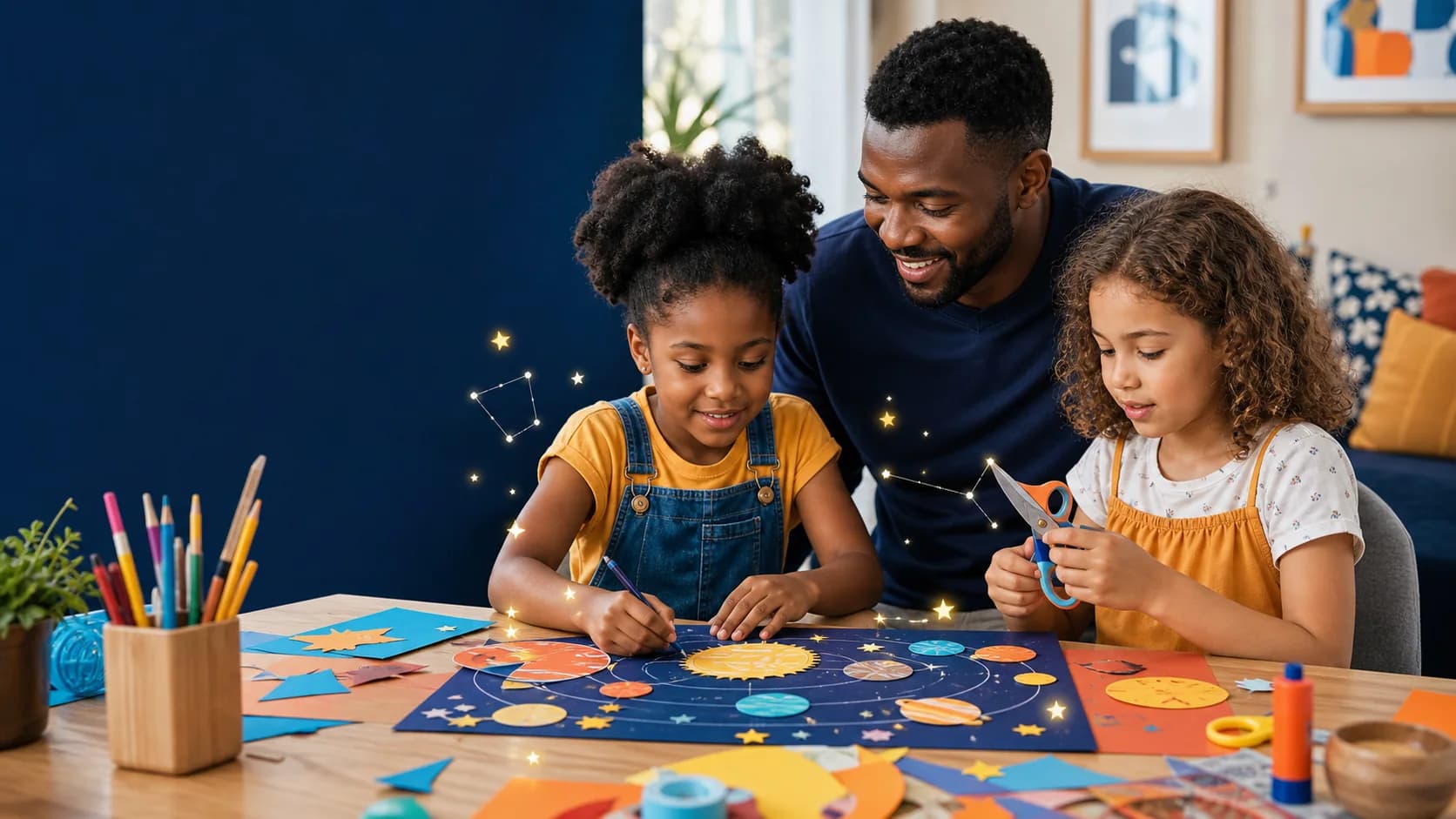 Children making a creative solar-system activity with a parent