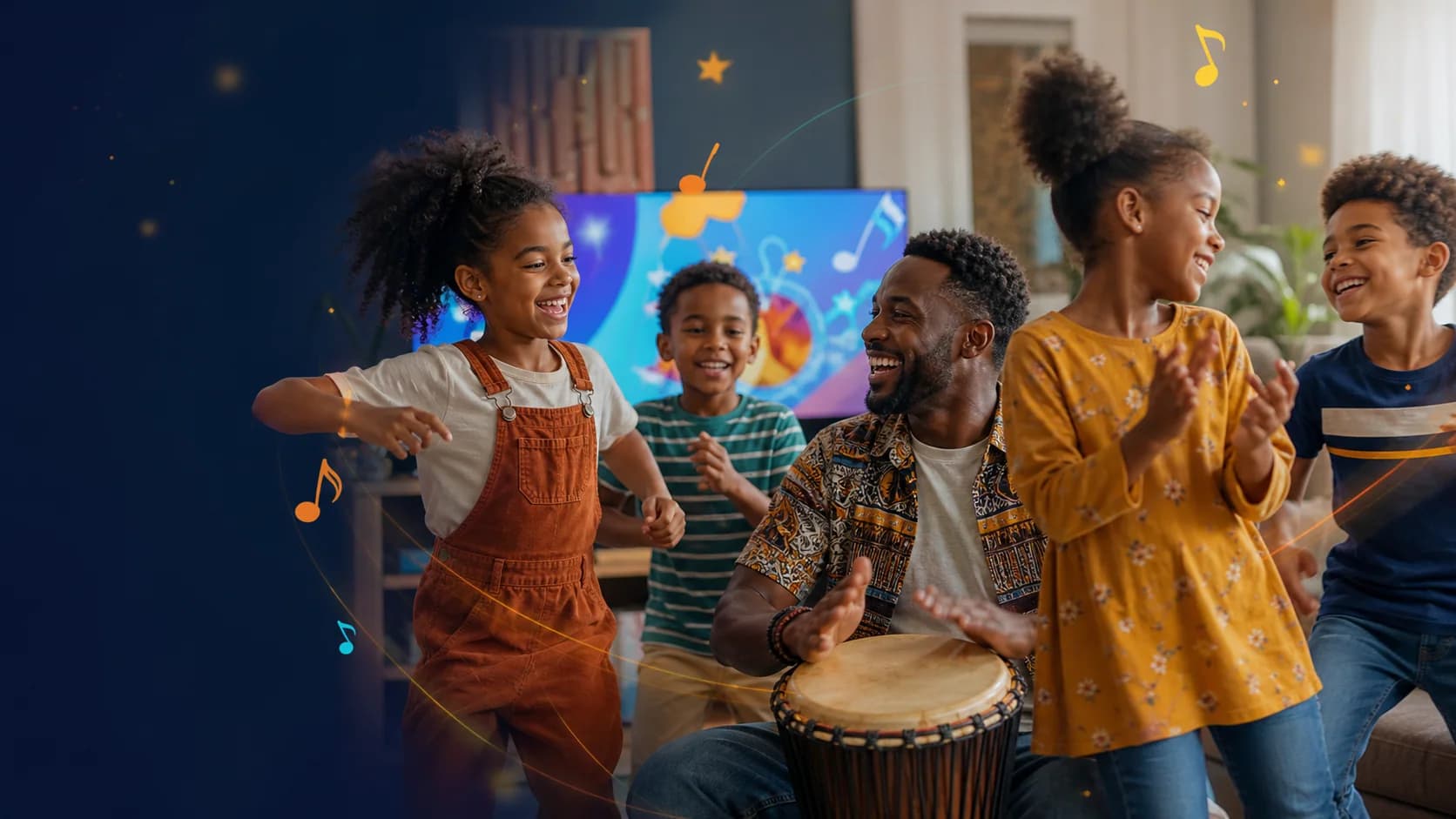Children dancing and singing with a parent playing a hand drum