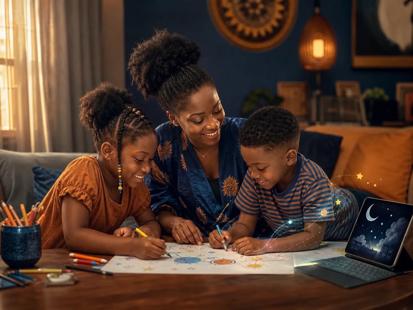 A mother and two children drawing a space story together