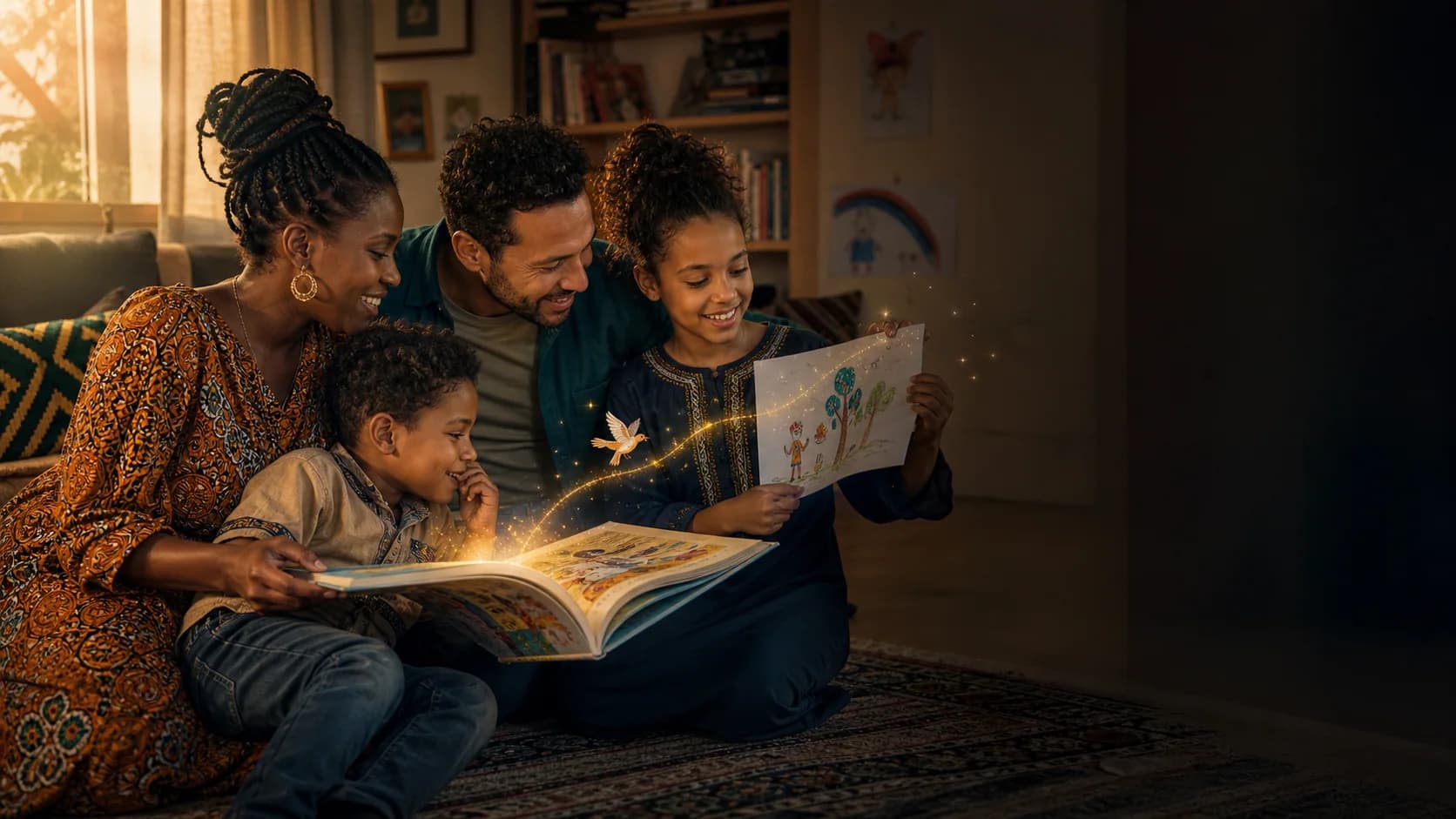 A family reading a story and sharing a child's drawing