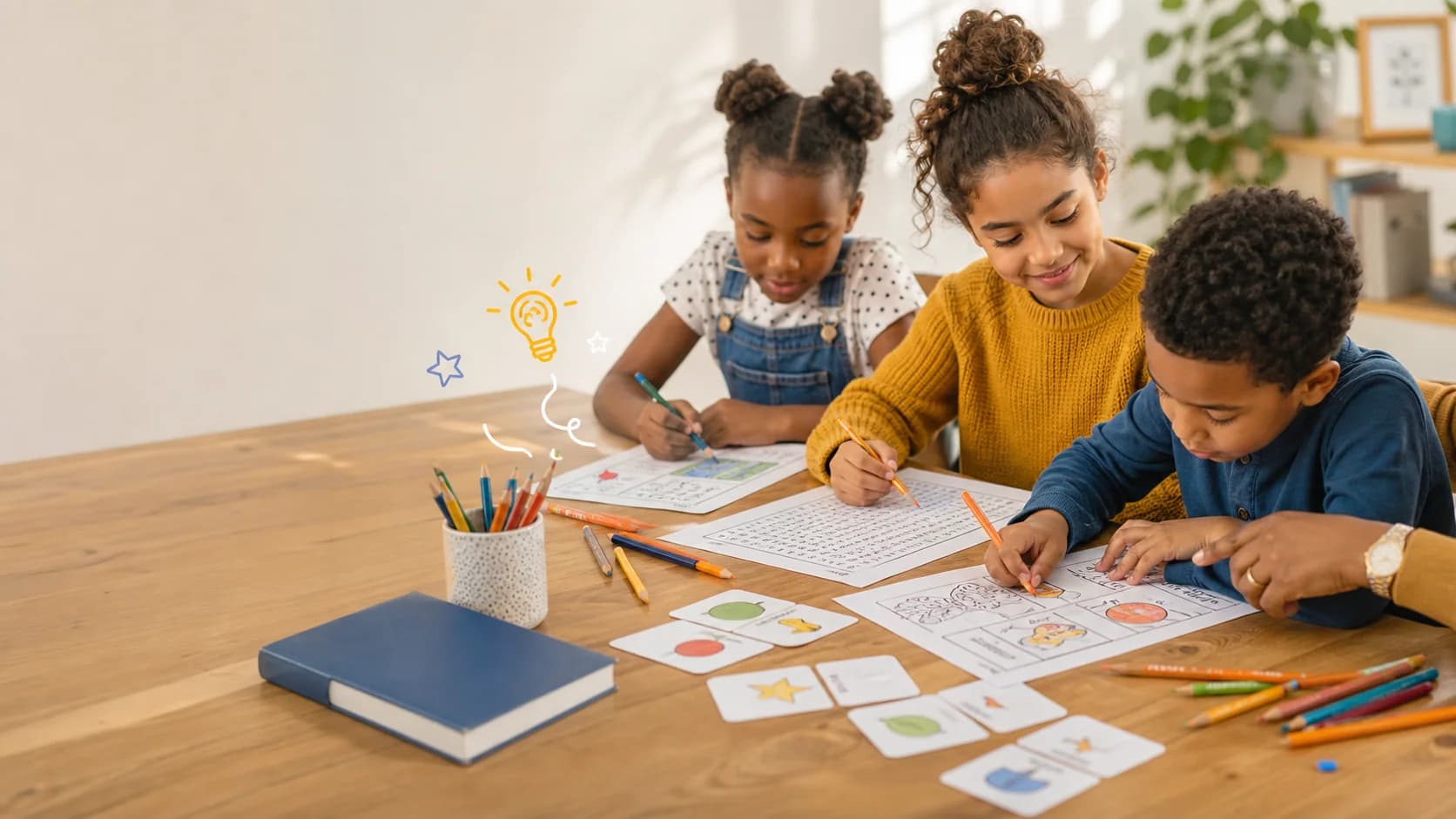 Children completing printable learning activities together